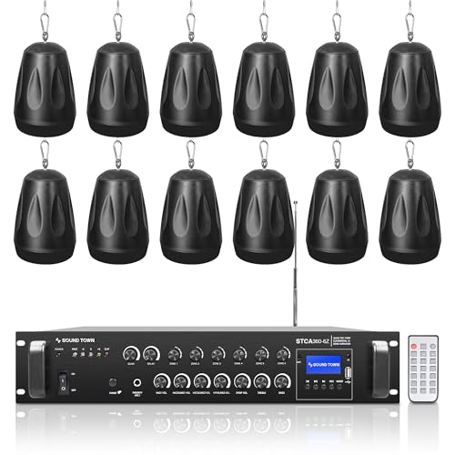 Sound Town Commercial Restaurant Bluetooth Amplifier + Pendant Speaker Set, with One 6-Zone 70V/100V Amplifier with Bluetooth, 12 x All-Weather 4-Inch Pendant Speakers, Black (STCA360X12PD4B)