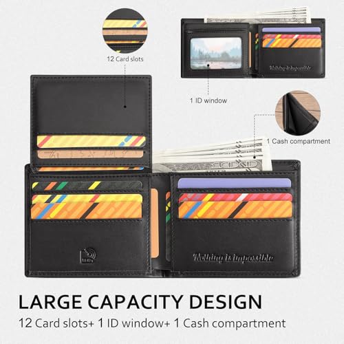 Slim Men Wallets, RFID Blocking Genuine Leather Bifold Wallet Minimalist Front Pocket With ID Window (Black)4