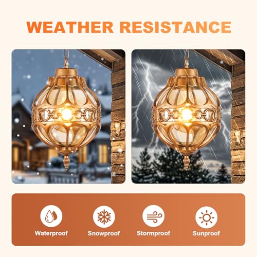 Dusk to Dawn Aluminum Outdoor Pendant Lights for Porch Garage, Vintage Globe Pendant Lighting Outside Gold Hanging Light Fixture with Amber Glass, Waterproof Exterior Chandelier, 2 Pack