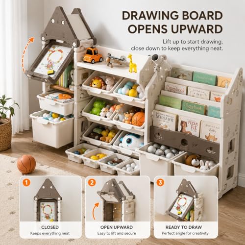 Image of 3in1 Kids Toy Storage Organizer with Bookshelf, Kids Bookshelf with Bins, Montessori Book Shelf, Toy Organizer for Baby Room Children's Books Toy Rack Nursery & Playroom Storage Organizer