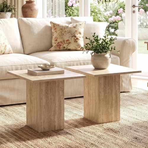 HNY Small Square Side Table Set of 2 Faux Marble Wood Bedside Table 20" Modern End Table Natural Travertine Finish for Living Room, Reception Room, Home Office, Luxury Minimalist