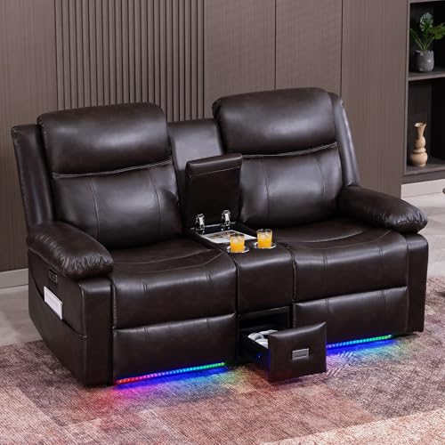 Neptane Home Theater Seating with Colorful LED Lights, Power Loveseat Recliner Sofa with Console, Movie Theater Chairs Gaming Sofa with Drawer/USB/Cup Holder for RV(Brown, 2 Seat with Console)