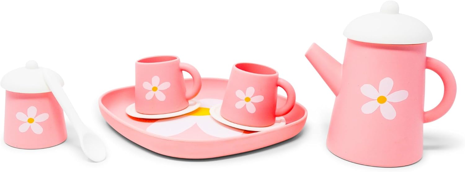 Flower Power Pink Silicone Tea Set by Jack Rabbit Creations- 10 Piece Play Tea Party Set for Little Girls- Food Grade & Dishwasher Safe- Encourages Role Play and Imaginative Play