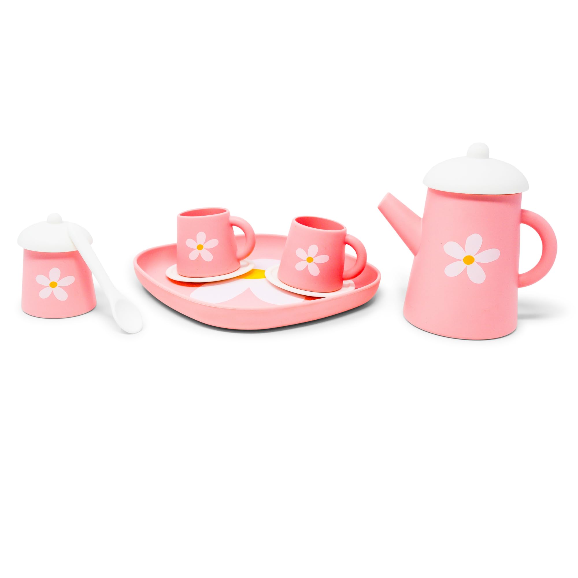 Flower Power Pink Silicone Tea Set by Jack Rabbit Creations- 10 Piece Play Tea Party Set for Little Girls- Food Grade & Dishwasher Safe- Encourages Role Play and Imaginative Play