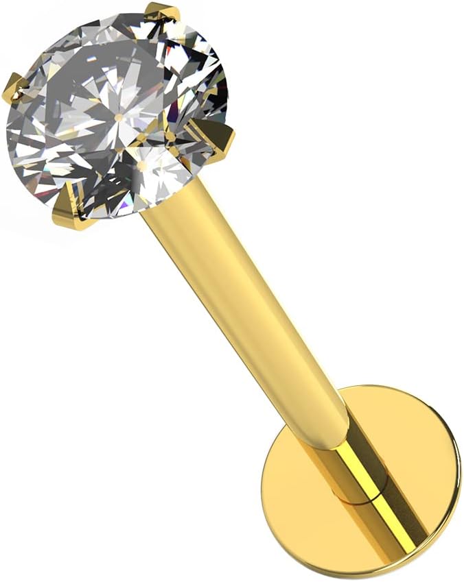 MONSTER PIERCINGAZARIO LONDON 14K Solid Yellow Gold Claw Set 2MM Round CZ Stone Internal Threaded Top 16 Gauge Hollow Lip Labret Tragus Bar Piercing Jewellery