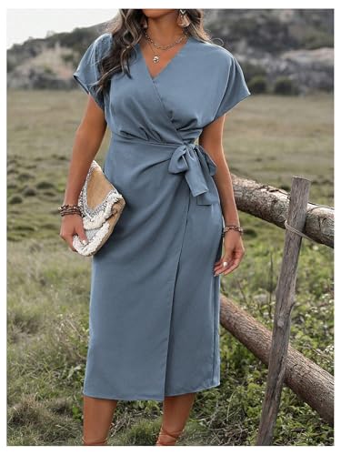 Image of SOLY HUX Women's Plus Size Wrap V Neck Knot Side Midi Dress Short Sleeve Flowy Party Dresses