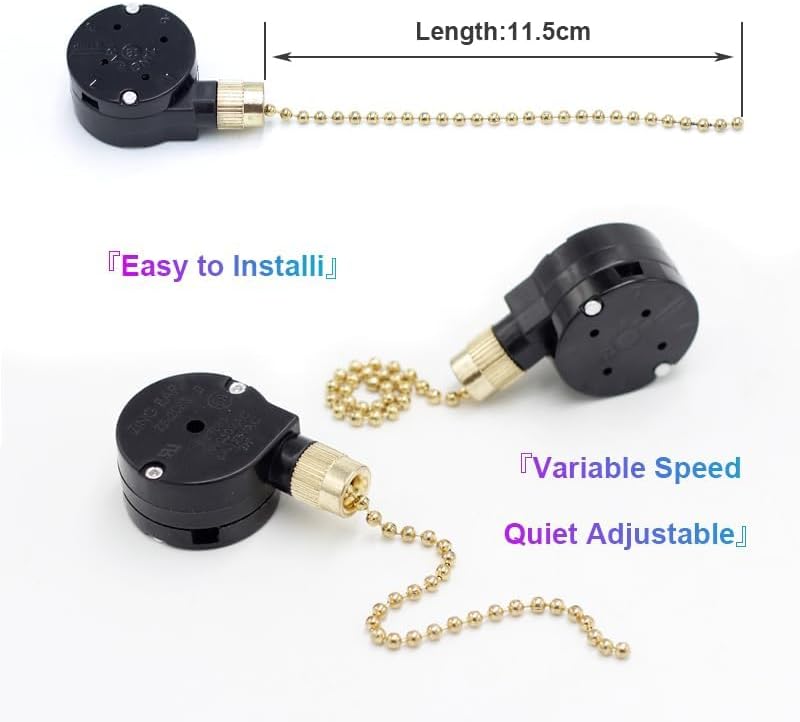 Indoor Lighting Ceiling Fan Pull Chain Switch,3-Speed 4-Wire Zing Ear ZE-208s E89885,Pull Chain Switch Fan Light Switch Replacement Part with 4 Pre-fixed Wires (Black Chain 2 Pack)