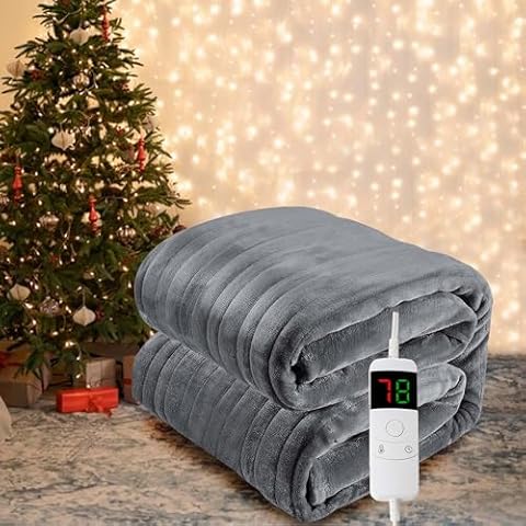 DAICO Flannel Heated Throw Blanket Fast Heating Twin Size Electric Blanket for Sofa Couch with Single 10 Heating Setting Controller, 1/2/4/6/8H Selectable Auto Shut Off Settings, 62"x84", Grey Cover