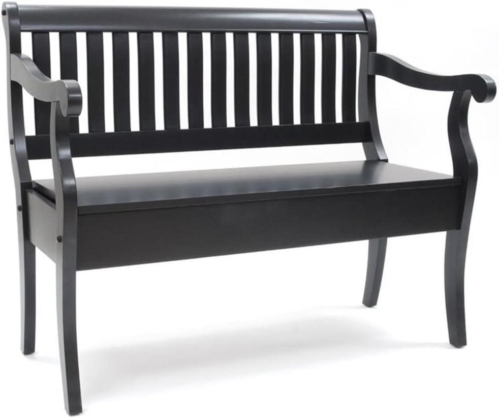 Carolina Chair & Table Veranda Wooden Storage Bench, Elm Finish, Handcrafted Wood Seat with Hidden Storage - Traditional Slatted Back & Scrolled Arms, Indoor Entryway Bench (Antique Black)