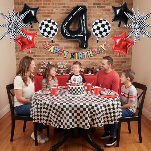 Image of TONIFUL Race Car Party Balloons Set - 40 Inch Racetrack Number 4 Foil Balloon with Checkered & Star Balloons for Boys 4th Birthday Car Themed Decorations, Baby Shower Photo Backdrop Supplies