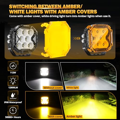 Image of Auxbeam Cube-Z Series 4 inch Led Pods with Amber Covers, 112W 12800LM Flood Offroad Driving Lights with DRL Turn Signal, Cube Ditch Lights with DT Wiring Harness for Jeep Offroad ATV UTV, Pair