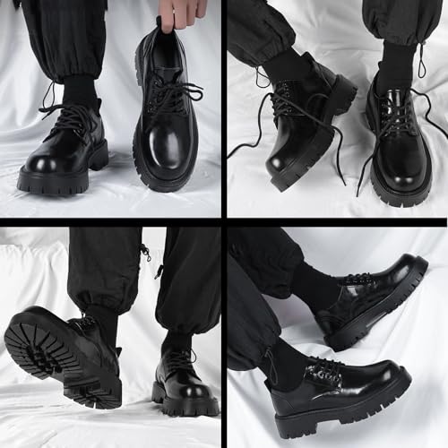 Men's Leather Platform Block Heel Oxfords Classic Round Toe Lace Up Lug Sole Soft Bottom Business Work Dress Shoes Non-Slip Heightening Derby Shoes2
