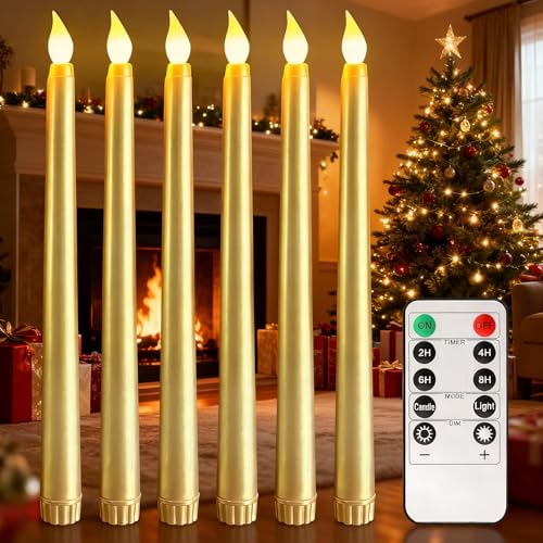 SUNOYA Lot de 6 bougies LED avec fonction minuterie et télécommande, bougies LED à piles, flamme vacillante, 2,1 x 27,5 cm, mèche 3D, bougies électriques pour Noël, décoration d'intérieur