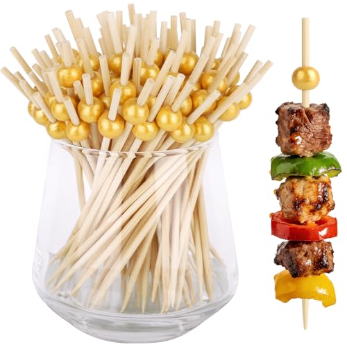 200PCS Gold Pearl Cocktail Picks, 4.7 IN Long Fancy Toothpicks for Appetizers, Decorative Bamboo Fruit Skewers for Drinks Sandwich, Wooden Food Sticks Charcuterie Boards Accessories Party Supplies