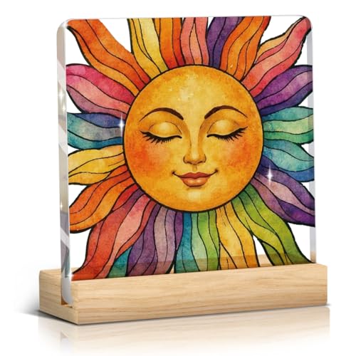 Image of Summer Sunshine Gifts, Inspirational Sun Sunshine Acrylic Sign Desk Decor, Pop Smiles Wooden Block Sign Decorations for Home Office Girls Dorm Room Nursery Playroom Tabletop Shelf Decor