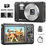 Câmera Digital 4K 64MP, Zoom 16X, Foco Automático,Tela IPS de 2.8 Polegadas para fotografia, Flash, Cartão SD de 32GB, Câmera Compacta,para Crianças e Adolescentes, Câmera Fotográfica para Vlog