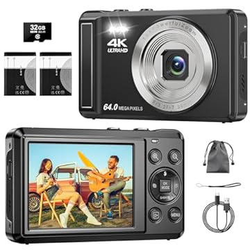 Câmera Digital 4K 64MP, Zoom 16X, Foco Automático,Tela IPS de 2.8 Polegadas para fotografia, Flash, Cartão SD de 32GB, Câmera Compacta,para Crianças e Adolescentes, Câmera Fotográfica para Vlog