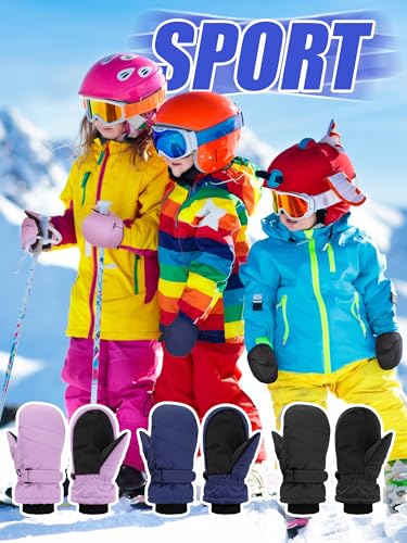 Image of Newcotte 6 Pairs Winter Ski Mittens Kids Waterproof Warm Snow Gloves for Boys Girls Cold Weather Outdoor Activities