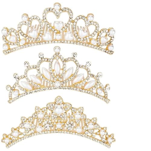 ANBALA Small Tiara Crown with Hair Comb 3 Pack Mini Tiara Crown Princess Crystal Shiny Hair Accessories for 2 3 4 5 6 7 8 9 Years Girls Hair Dectoration Styling Cute Hair Accessories (Gold)