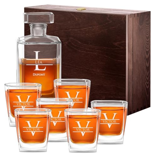 Maverton Ensemble de Carafes Personnalisés a Whisky Rhum Cognac Avec 6 Verres a Whisky Gravés - 700 ml Service Universel Verre Whisky et Carafe - Monogramme