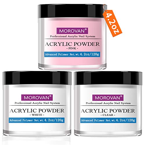 Morovan Acrylic Nail Kit Pink Clear White Acrylic Powder 4.2Oz. Nail Extension Powder For Acrylic Nails Salon No Nail Lamp Needed