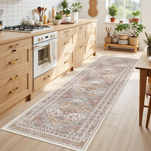 Restydon Runner Rug 2x8 Runners for Hallways Non Slip Washable, Vintage Hallway Runner Rugs for Living Room, Low Pile Soft Hallway Rug for Kitchen Bedroom Laundry Room Rug(Orange,2'x8')