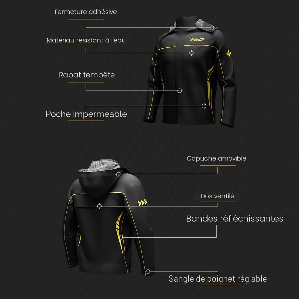 Rain Jacket, Combinaison de pluie de moto imperméable pour hommes et femmes, vêtements de pluie, veste et pantalon avec sac de rangement, veste de pluie imperméable et respirante, Noir , L