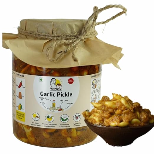 FarmDidi | Garlic Pickle 1Kg | Homemade Lasoon Achar | No Preservatives | Low-Oil | Farm Fresh | Organically Processed | Traditional Taste By FarmDidi