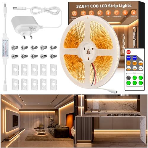 COB LED Streifen 10M Warmweiß,3240LEDs CRI90+ Flexibel Helles LED Strip mit RF Fernbedienung & Netzteil,Dimmbar 24V Selbstklebend 3000K Warmweiss,Wasserdicht IP65 LED Lichtband für Küche,Treppen,DIY