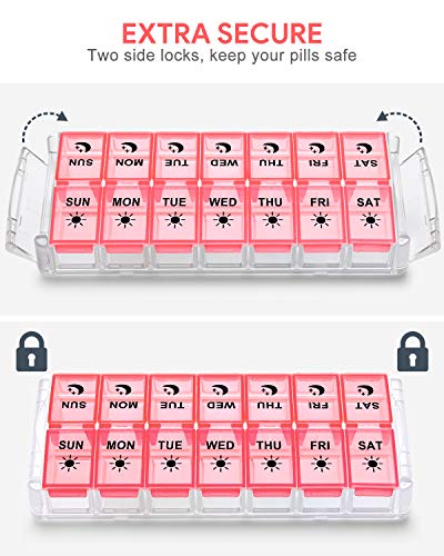 Image of Weekly Pill Organizer 7 Day 2 Times a Day Extra Large, Quick Fill 2022 Fullicon AM PM XL Daily Pill Cases Pill Box with Detachable Base - Pink (Patent Registered) (Pack of 2)