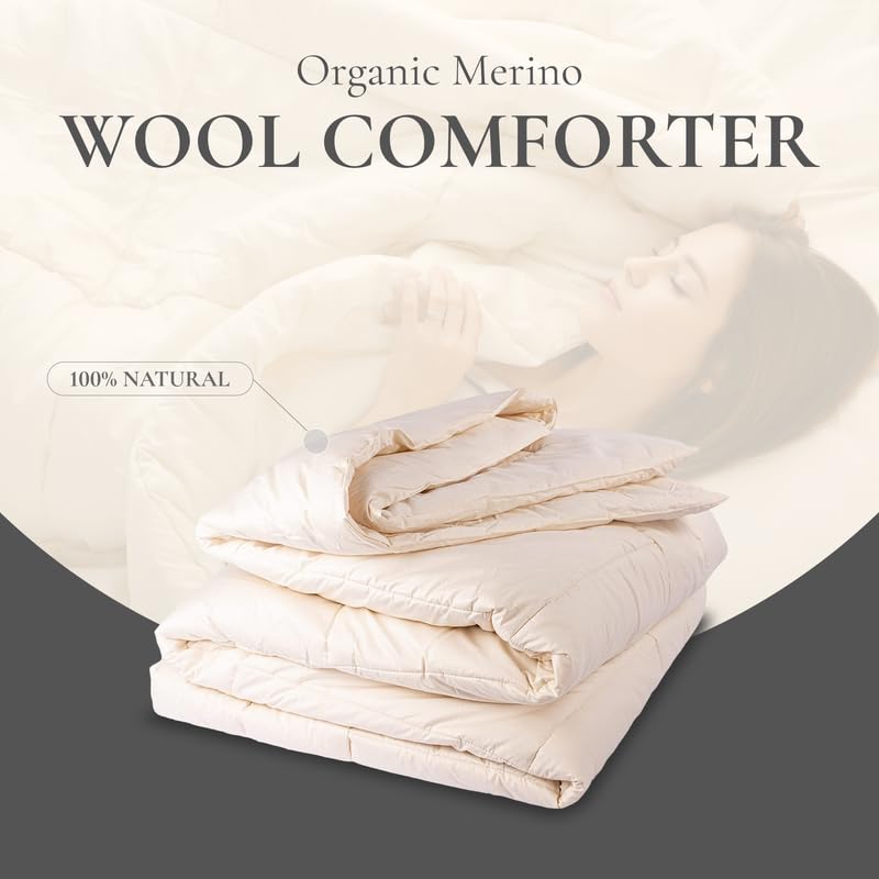 Sleep & Beyond myMerino Light 100% Organic Duvet Wool Comforter for All Seasons - Ultra Soft, Breathable, Warm & Cool - Moisture Wicking - Ivory - Full/Queen 90x90