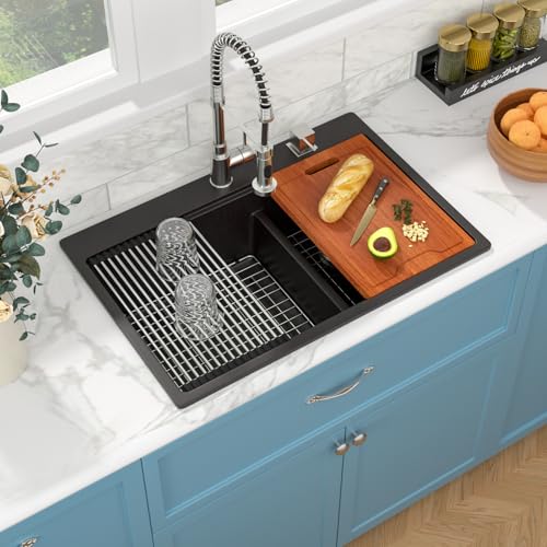 Sarlai 33 Granite Composite Kitchen Sink Double Bowl - 33"x22" Black Granite Kitchen Sink Drop In Ledge Workstation Double Bowl 60/40 Low Divided Quartz Composite Above Counter - Image 4