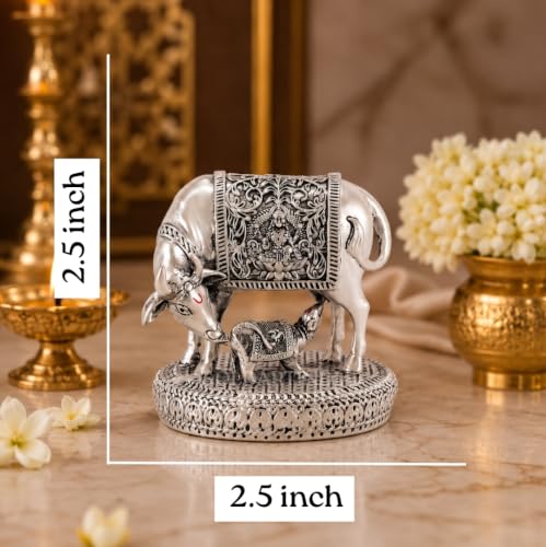 Image of Gold Art India Kamdhenu Cow with Calf Idol | 999 Silver Plated | Antique Matte Finish | Premium Peacock Green Velvet Gift Box | Sacred Gau MATA Vastu Idol for Home Temple, Office & Spiritual Gifting