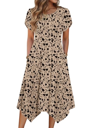 Zeagoo Flowy Beach Dress Womens Flowy Dresses Summer Long Casual Dress Floral Print Midi Dress Short Sleeve Boho Dress with Pockets Beige XXL