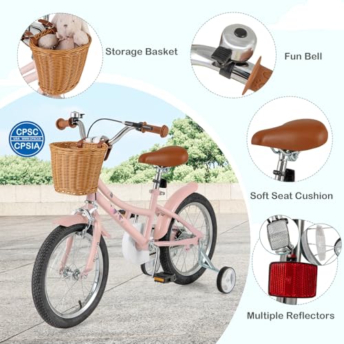 Image of BABY JOY Retro Kids Bike, 12 14 16 18 Inch Child Bike for 3-8 Years Old w /Rattan Basket, Adjustable Height, Training Wheels, Fenders, Handbrake Coaster Brake, 95% Pre-Assembled Kids Bicycle for Girls