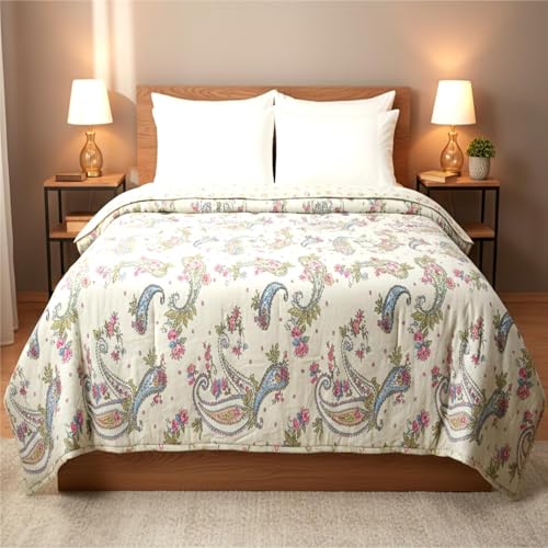 Image of 220 GSM 100% Cotton Microfibre Reversible Comforter AC Blanket for Summer /Winter /Quilt Soft Breathable Floral Print Duvet Single /Double Bed (Off White, Double Bed(230X250 CM))