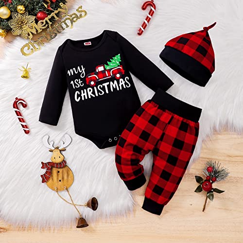 My First Christmas Baby Boy Outfit Newborn Clothes Infant Black Xmas Tree Car Red Plaid Pants Hat 3Pcs 0-18 Months2