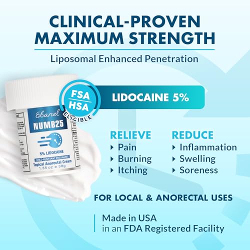 Image of Ebanel 5% Lidocaine Numbing Cream, Pain Relief Cream Burn Itch Cream, 2-Pack Topical Anesthetic Lidocaine Cream Maximum Strength with Vitamin E for Local and Anorectal Uses, Hemorrhoid Treatment