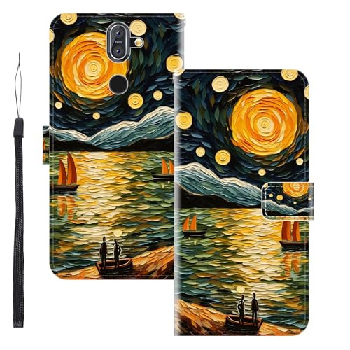 WUACYEAMING Funda para Nokia 8 Sirocco,con Soporte/Ranura de Tarjeta Cubierta Premium Magnético Suporte TPU Protectora Fundas PU Cuero Flip Multifuncional El mar y los Barcos