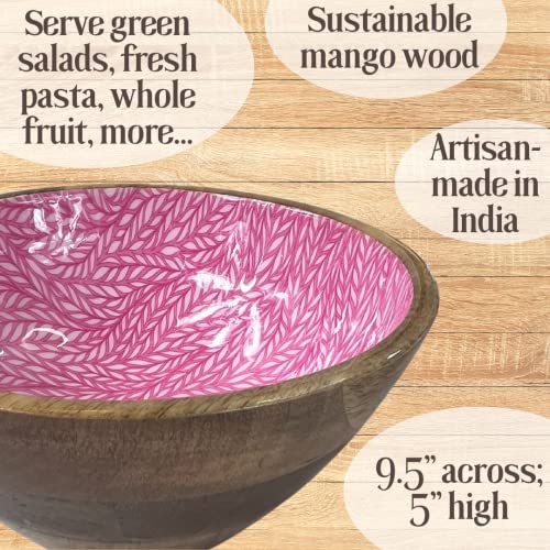 The Fern Trail Wood Serving Bowl | Salad Bowl With Tongs | Wooden Decorative Bowl | Wood Fruit Bowl For Kitchen Counter | Mango Wood Bowl (Pink) #TOP3