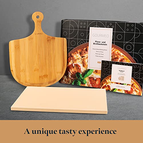 Gourmeo Pizza Stone Pan And Wooden Pizza Paddle - 15X11.8X0.6 Inch - Cordiete Bread Beaking Stone W/Pizza Peel - Suitable For Oven & Grill #TOP4