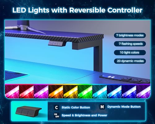 MOTPK L Shaped Gaming Desk with Power Outlet, Reversible Gaming Desk with Height Adjustable Monitor Stand, Gaming Computer Desk 43inch with LED Lights, Home Office Desk, Black - Image 6