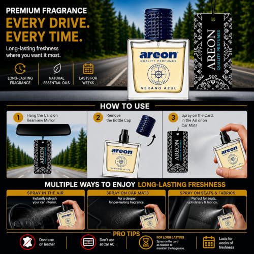 Image of AREON MCP07 Car Perfume 1.7 Fl Oz. (50ml) Glass Bottle Car Air Freshener Spray, Verano Azul (Seashore Freshness)