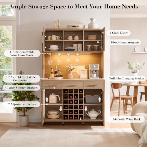 Image of 77 inch Tall Pantry Cabinet & Coffee Bar Cabinet with Storage,Natural Oak | Wine Cabinet for Dining Room Home with LED Lighting & Charging Station, Bar Cabinets for Kitchen,Dining Room, Living Room