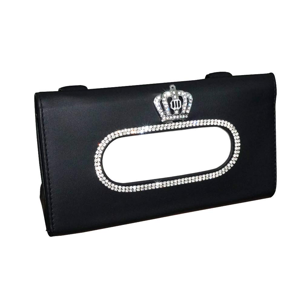 eing Fashion Crown Crystal Car Tissue Box Sun Visor Leather Auto Napkin Tissue Hanging Bag Holder for Car Accessories,Black