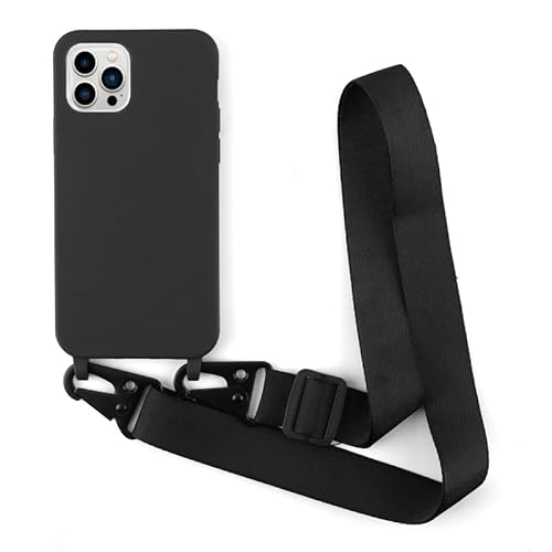 Leather Armor Handykette Hülle für iPhone 15 Pro (6.1) Mit Band Halsband Lanyard (Abnehmbar), Verstellbar, Stoßfest Silikonhülle - Schwarz