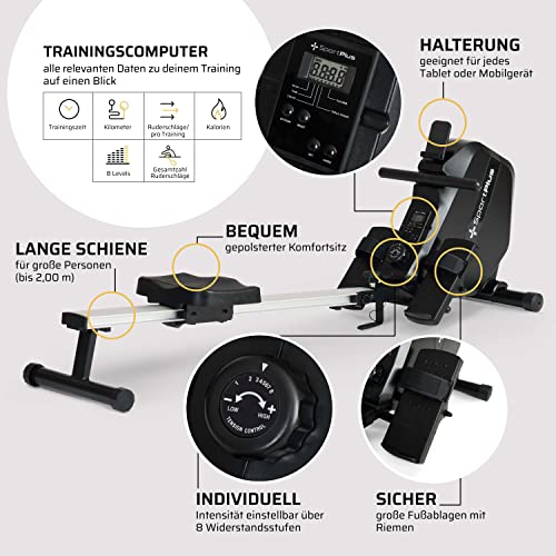 SportPlus| 2022 Modell | Rudergerät für zuhause mit Handyhalterung, klappbar & mit Transportrollen, 8 Widerstandsstufen… – Bild 5