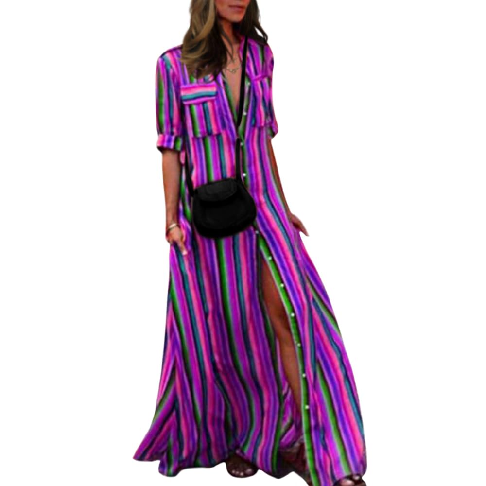 Women's Oversized Striped Maxi Shirt Dresses Casual Loose Short Sleeve V Neck Button Down Long Dress Flowy Dress