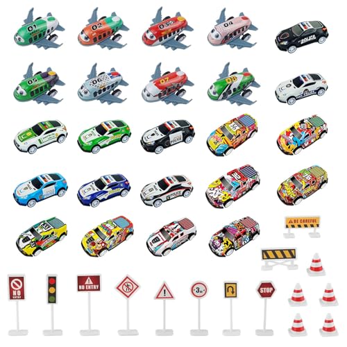QingWing 39 Pièces Petites Voitures Jouets Enfants, Mini Jouet de Voiture avec 15 Panneaux de Barrage Routier, Métal Mini Voiture à Friction Jouets...