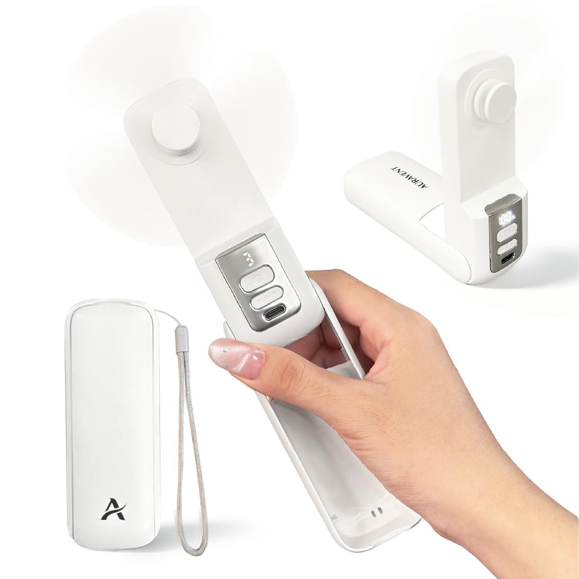 CAPITLUMINE Handheld Fan with LED Display & Night Light, USB Rechargeable Portable Ultra-thin foldable design, 20H battery, LED display & night light. Perfect for travel, office, camping (white)